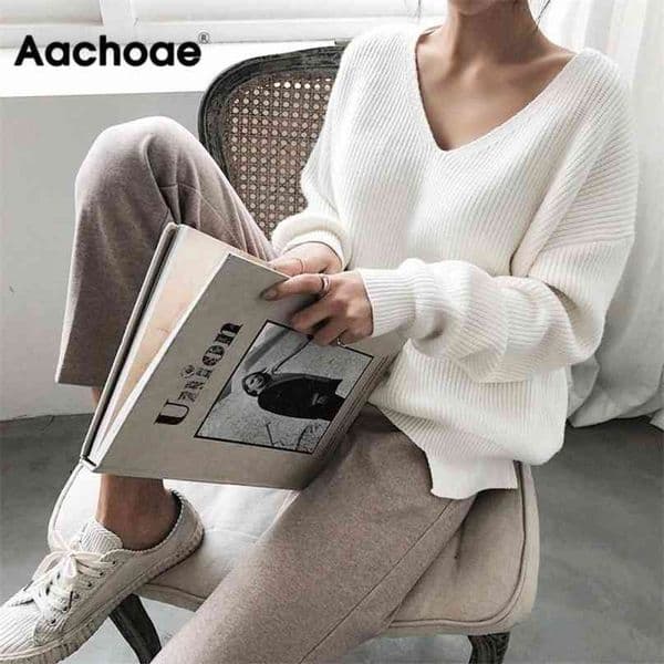 Aachoae Womens Sweaters Autumn Winter Casual V Neck Women Pullover Sweater Solid Long Sleeve Loose Knitted Cashmere Top 210918