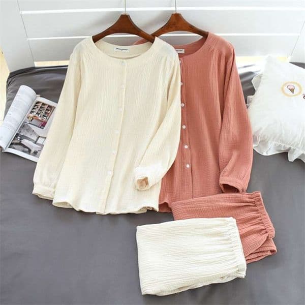 pajamas Japanese-style spring ladies and autumn suit cotton crepe long-sleeved trousers two-piece buttoned home service women 210928 Y260603