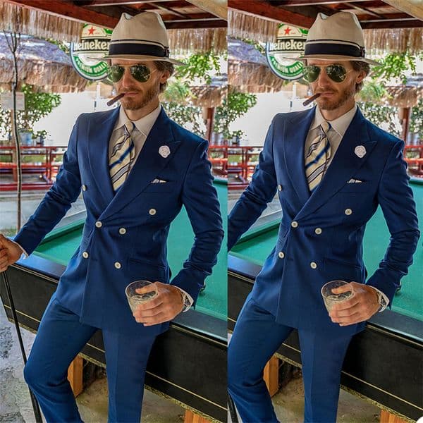 Double Breasted Navy Mens Customized Wedding Tuxedos Slim Fit Peaked Lapel Groom Wear Dinner Prom Party Blazer (Jacket+Pants)