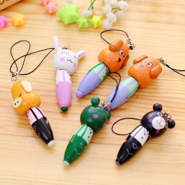 Cute Kawaii Creative Animal Ballpoint Pen Wood Keychain Ballpen For Office School Writing Supplies Stationery Gift 0452