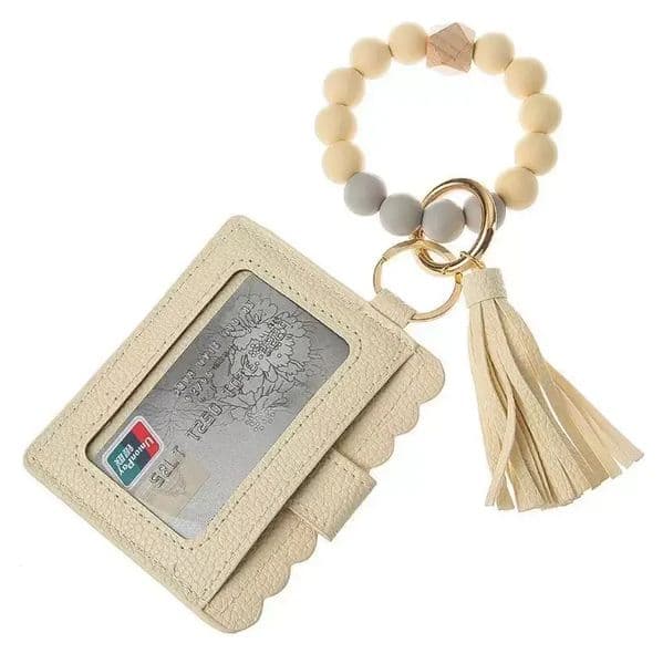 Fashion PU Leather Bracelet Wallet Keychain Party Favor Tassels Bangle Key Ring Holder Card Bag Silicone Beaded Wristlet