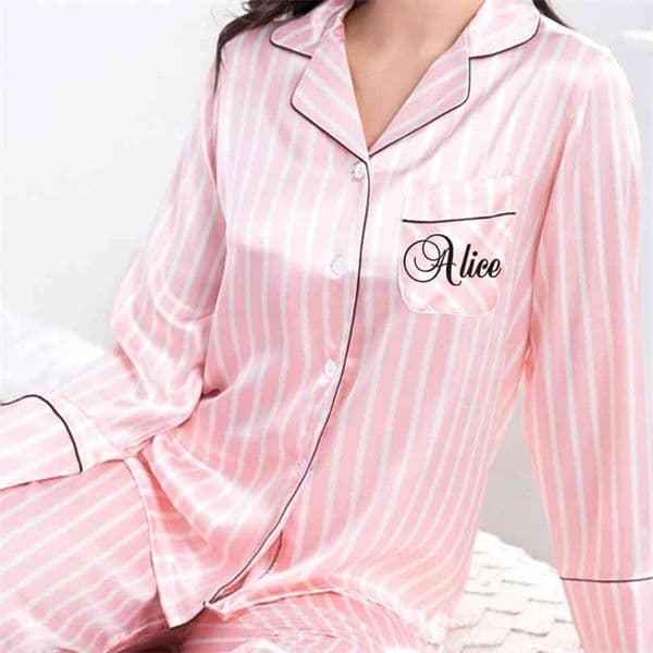 2 Piece Personalized Name Women Sleepwear Faux Silk Satin Pajamas Set Long Sleeve Sleepwear Pajamas Suit Female Homewear 210924