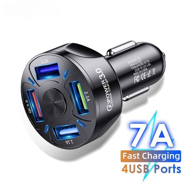 7A 4 Ports USB Car Charger QC 3.0 Quick Charge with LED Night Light Universal Fast Charging for iPhone Samsung Xiaomi Huawei