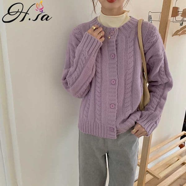 H.SA Autumn Winter Sweater Tops Korean Style Long Sleeve Twisted Solid Cardigans Single Breasted Knitted Cardigan Coat 210716