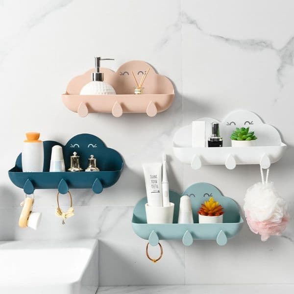 Lovely Clouds Bathroom Wall Mounted Shelf Storage Shampoo Holder Rack Organizer Towel Key Hanger Shower Shelves 210331