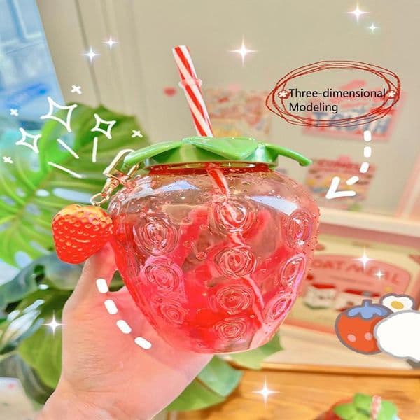 Summer Cute Strawberry Straw Water Bottle Cartoon1500ml Food Grade PP Wide Application Milk Coffee Juice Straws Cup For Home Drinkware YS002