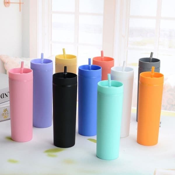 Wholesale 16oz Skinny Tumblers Matte Colored Tumblers with Lids and Straws Double Wall Plastic Tumbler drinking cup