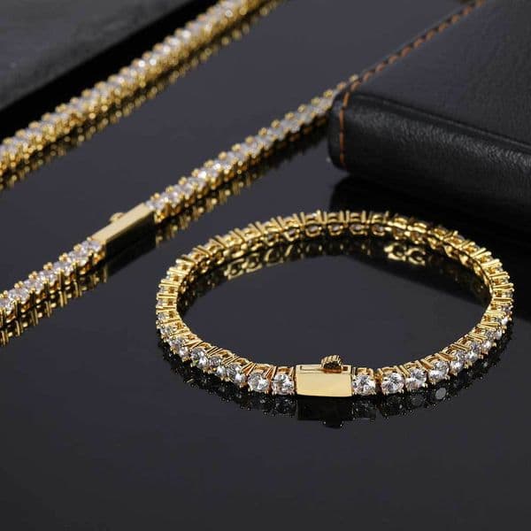 5A CZ Dias Tennis Chain Necklace Bracelets for Men Women Real Gold Plated Jewelry Set