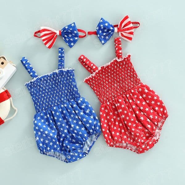 Baby Romper Jumpsuit Bow Headband 2 Pieces 4th of july Triangle Suspender Onesie Star Bodysuit Cotton Newborn Clothing Clothe For Summer