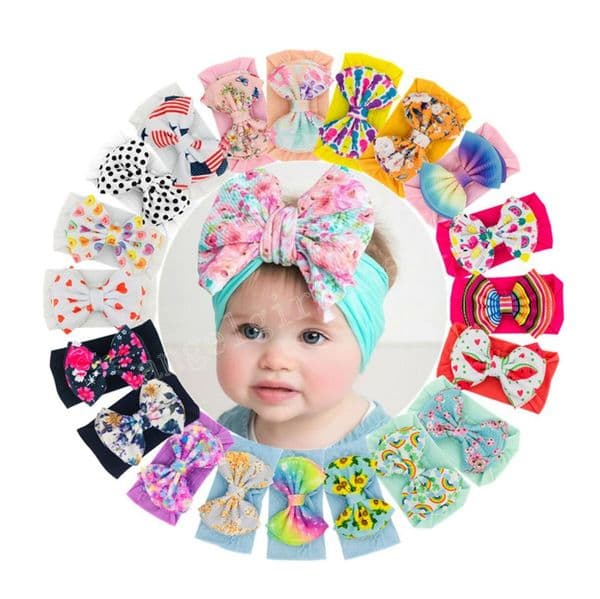 Baby Newborn Princess Bowknot Headband Infant irls Floral Print Bow Headband Stretch Hairband Headwear