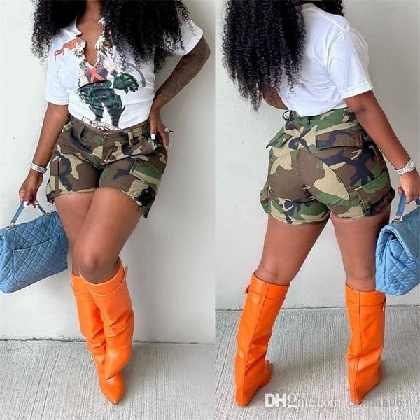 Womens Camouflage Shorts Street Fashion Camouflage Printing Patch Bag With Pocket Short Pants Splicing Casual Shorts