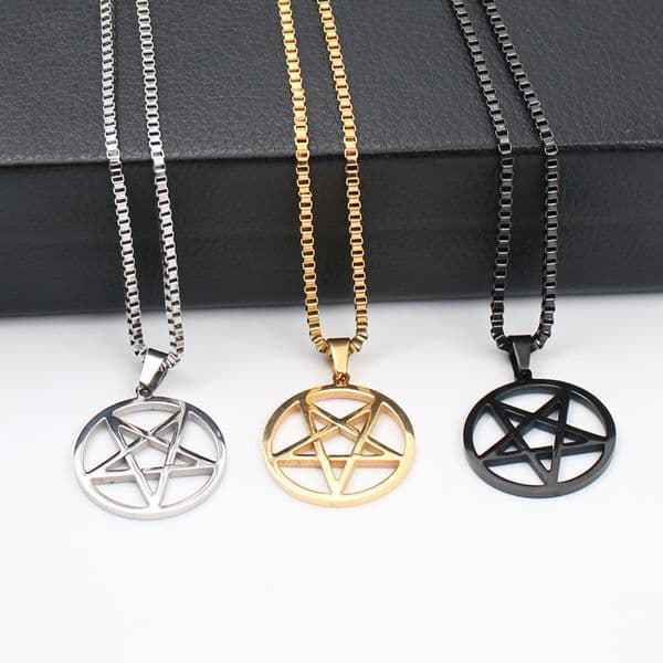 Silver / Gold 316L Stainless steel pentagram satanic symbol Satan worship Pendant Box Necklace Men Women Jewelry
