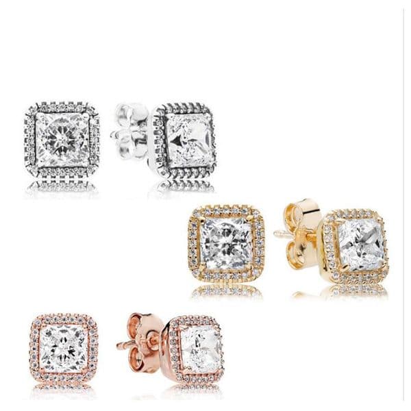 Square Diamond Stud Authentic 925 Sterling Silver designer Earrings Women Wedding Party Jewelry Rose Gold Golden earrings with Luxurious Retail Box Set