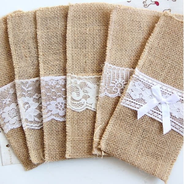 Burlap Cutlery Holder Vintage Shabby Chic Jute Lace Tableware Pouch Packaging Fork & Knife Pocket Home Textiles