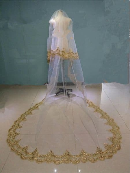 Gold Wedding Veils Sequin Luxury Cathedral Bridal Veils Applique Lace Edge Two Layers Custom Made Long Wedding Veil Fast Shipping
