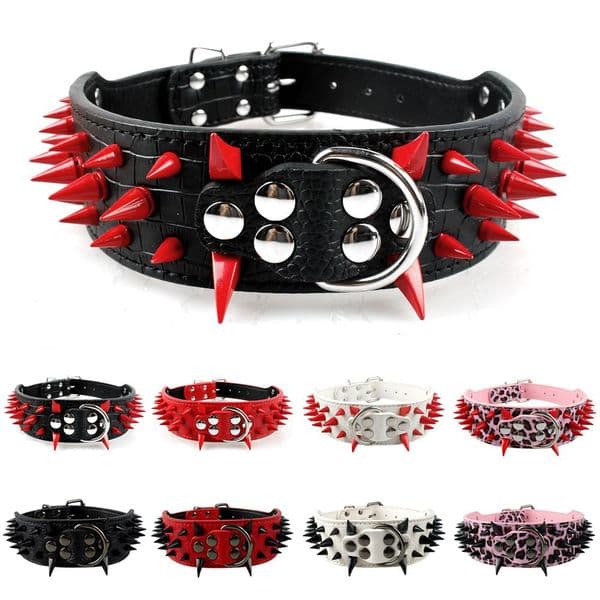Black/Red Spiked & Studded Soft Leather Pet Dog Collar For Pitbull Bully Medium to Large Dogs