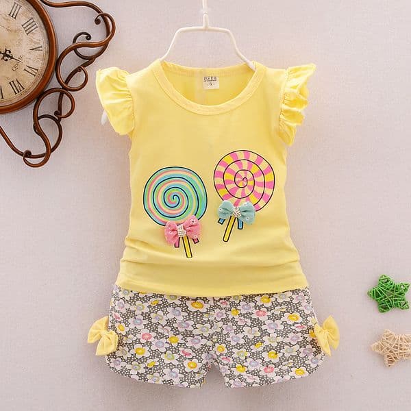 Summer Baby Girls Clothing Set Kids Toddler Baby Girl Outfit Clothes Top Shirt Pants Shorts Lollipop Clothes Set