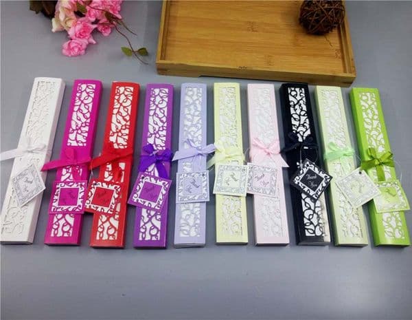 Free shipping 50pcs lot wedding favors bridal shower souvenir personalized silk hand fans with laser cut boxes