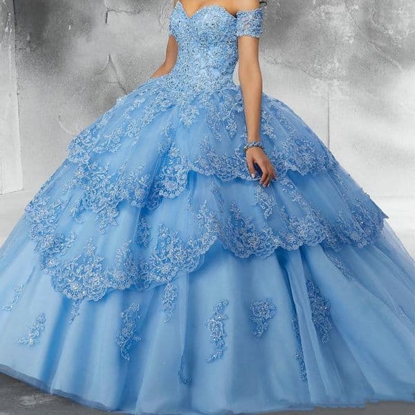 Light Sky Blue Modest Lace Ball Gown Quinceanera Prom dresses Sequins Applique Tulle Off the shoulder Formal Party Sweet 16 Dress