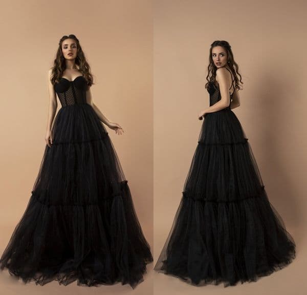 Sexy Black Spaghetti Prom Dresses Tiered Tulle Girls Pageant Gowns Criss Cross Back Floor Length Formal Party Women Clothing
