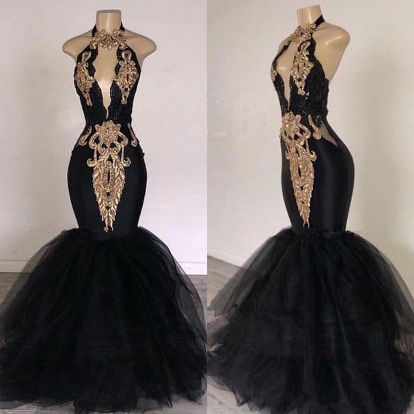 Sexy Black Halter Tulle Mermaid Long Prom Dresses Keyhole Lace Applique Gold Sparkly Backless Full length African Occasion Evening Gowns