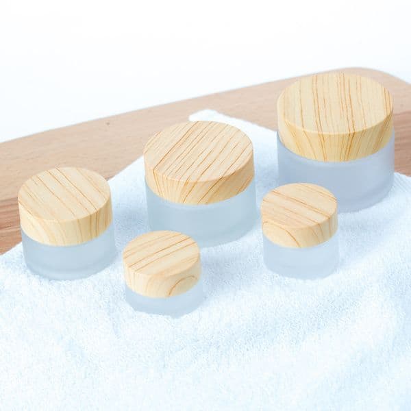 Frosted Glass Jar Cream Bottles Round Cosmetic Jars Hand Face Packing Bottles 5g 10g 15g 30g 50g Jars With Wood Grain Cover Hot