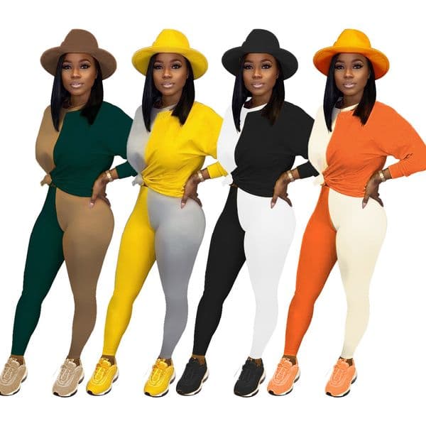 Spot Pants European-style spring and summer fashion round neck long-sleeved casual street solid color comfortable trouser suit