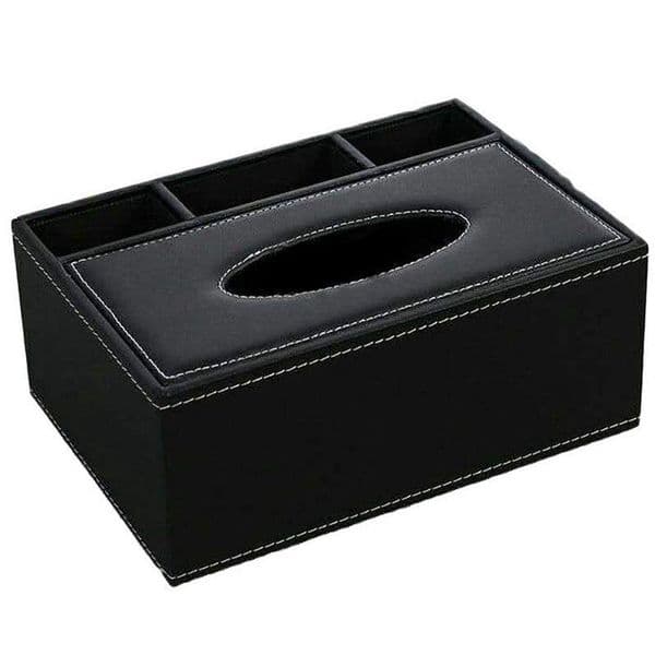 Practical Boutique Leather Tissue Box Remote Control Holder Multifunctional Desktop Organizer Pencil Scissor Container (Black)