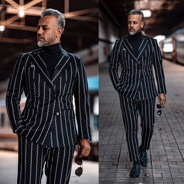 New Unique Design Pinstripe Wedding Suits Double Breasted Peaked Lapel Tuxedos Formal Work Prom Office Business Blazer(Jacket+Pants)