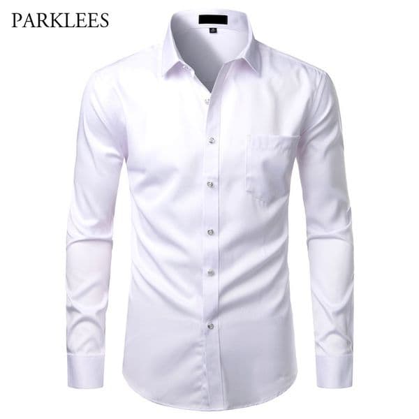 White Mens Bamboo Fiber Casual Slim Fit Button Up Dress Shirts Men Solid Soical Shirt With Pocket Formal Business Camisas B1