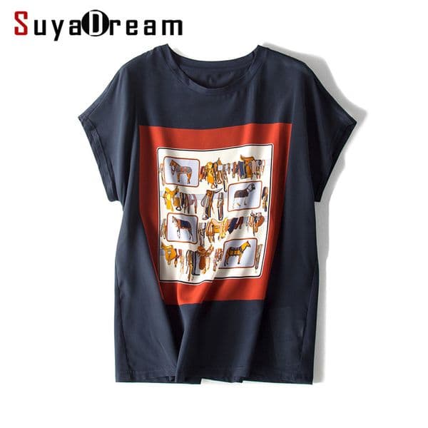 Women T Shirt 100% Real Silk Front Print Shirt Short Bat Sleeved Casual O Neck T Shirt 2019 Spring Summer Top Navy White Y19072701
