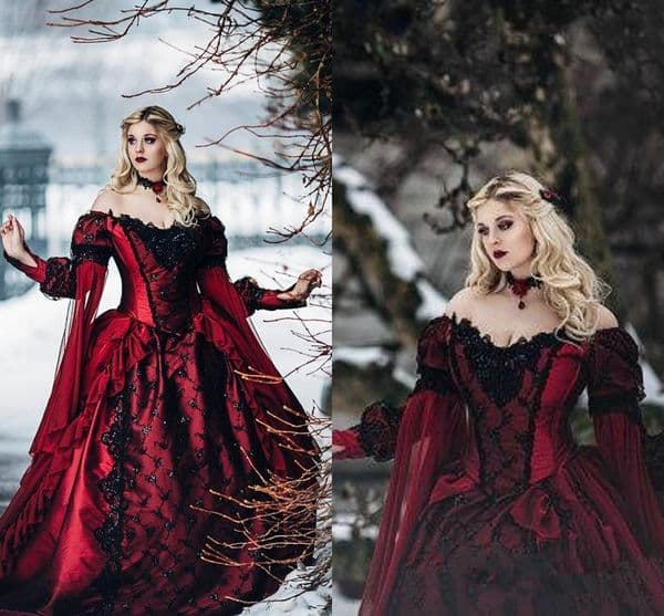 Vintage Burgundy Gothic Wedding Dresses Off Shoulder Sleeping Beauty Princess Medieval Black Long SleeveVictorian Masquerade Bridal Gowns