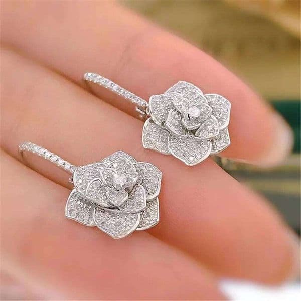 Charm Female White Zircon Stone Rose Flower Hoop Earrings Silver Color Simple Wedding Jewelry For Women