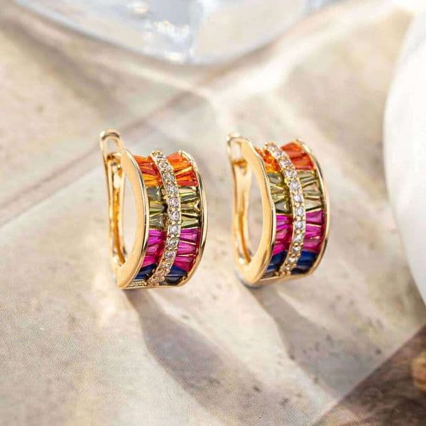 Cute Female Colorful Zircon Stone Hoop Earrings Unique Gold Color Bridemaids Gifts Wedding Jewelry For Women