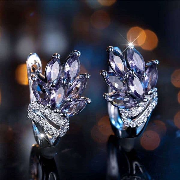 Charm Female Purple Crystal Zircon Stone Hoop Earrings Silver Color Simple Wedding Jewelry For Women