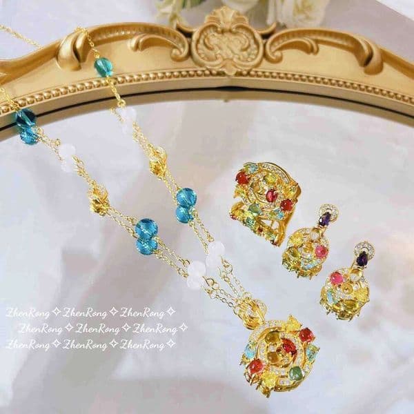 French Style Retro Color Crystal Artificial Tourmaline Women's Luxury Wedding Pendant Necklaces Earrings Rings Jewelry Sets