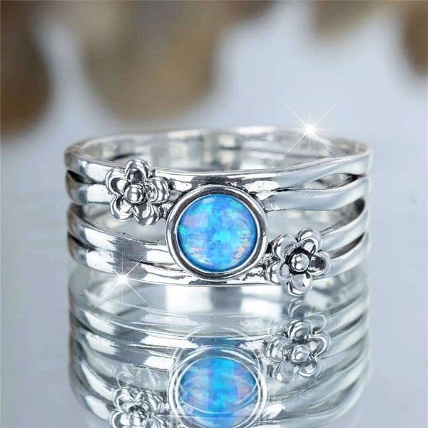Charm Female Blue Round Fire Opal Stone Flower Ring Silver Color Wedding Jewelry For Women