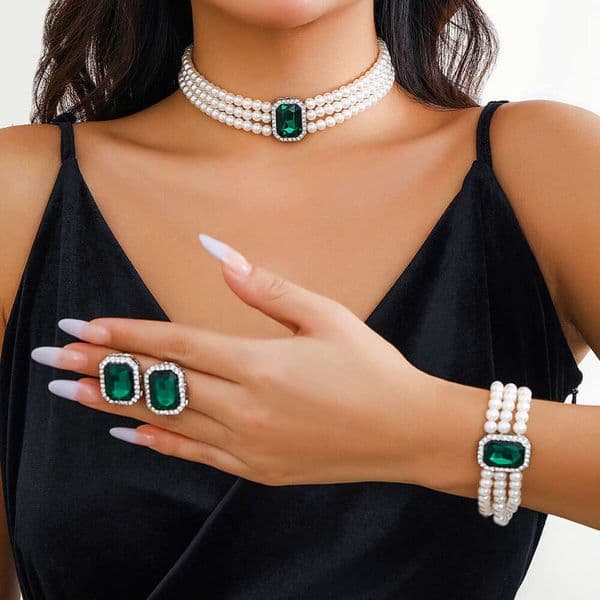 European and American Cross-Border Jewelry Luxury Short Faux Pearl Necklace Turquoise Beaded Ethnic Style Choker