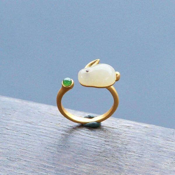 Inspired design natural Hetian jade rabbit adjustable ring earrings bracelet set exquisite sweet lady brand jewelry