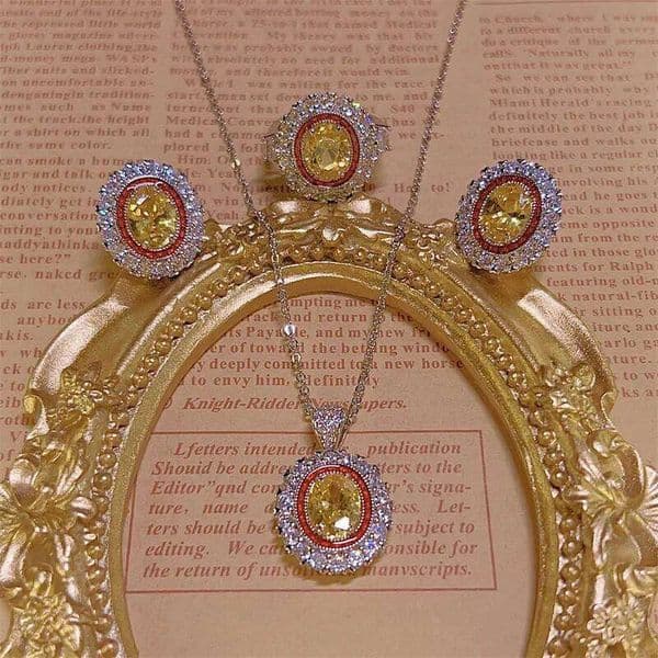 Palace style retro orange yellow gemstone jewelry sets exquisite and fashion silver 925 oval earrings for women ring necklace