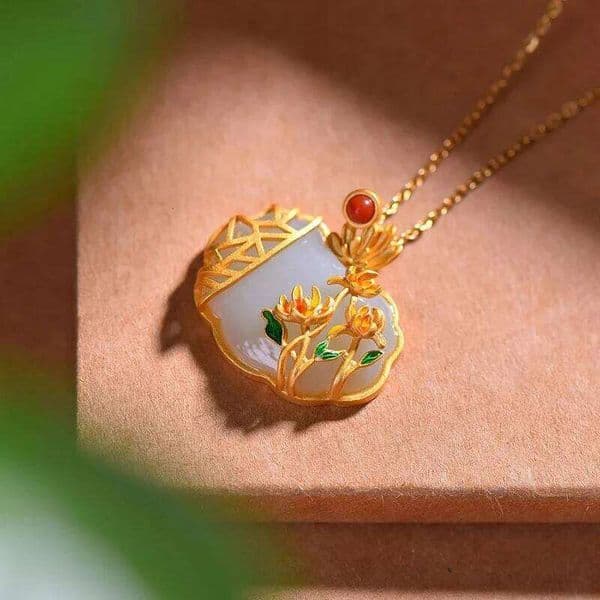 Vintage Enamel Classical and elegant chrysanthemum Necklace Natural Hotan White Jade Ruyi Pendant National Style Jewelry