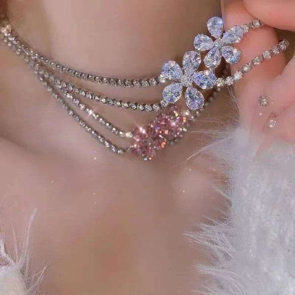 Sweet style pink floral necklace high-end light luxury silver 925 full diamonds exquisite short collar chain wedding jewelry