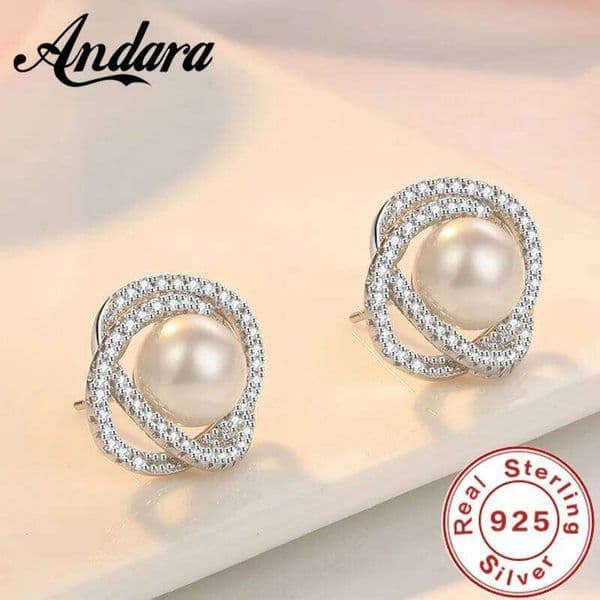 Andara 925 Sterling Silver Camellia Pearl Stud Earrings for Women Elegant Wedding Engagement Party Fashion Jewelry Accessory