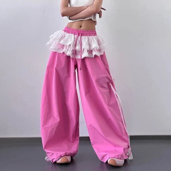 Womens Patchwork Lace Skirt Casual Wide Leg Pants Spring Summer Niche Contrasting Style for Fashionable Ladies 251231BJ