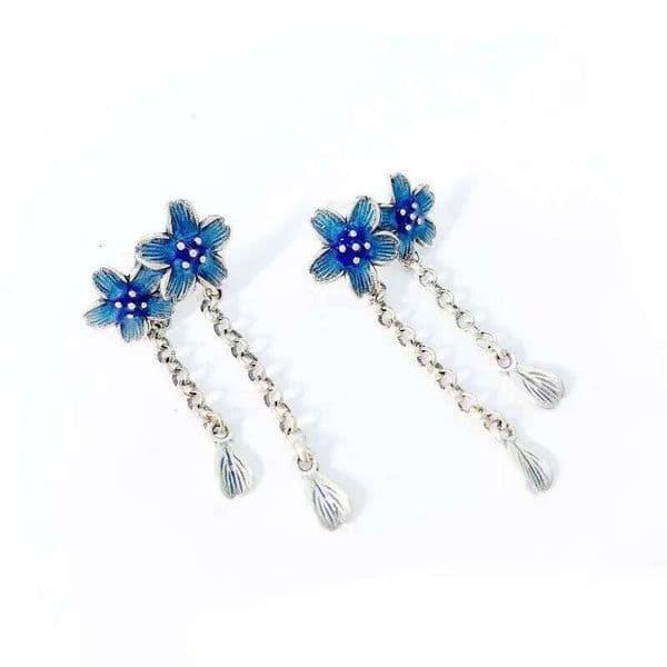 Pastoral Style New in 925 Silver Enamel Earings Two Blue Flower Tassel Earrings for Women Vintage Exquisite Party Jewelry