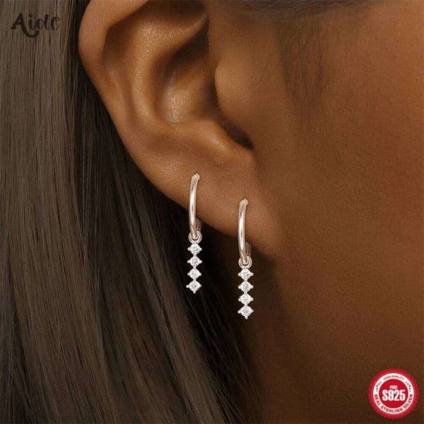 Aide 925 Sterling Silver Simple Tiny Hoops With Zircon Pendent Earrings For Women Elegant Retro Delicate Piercing Jewelry