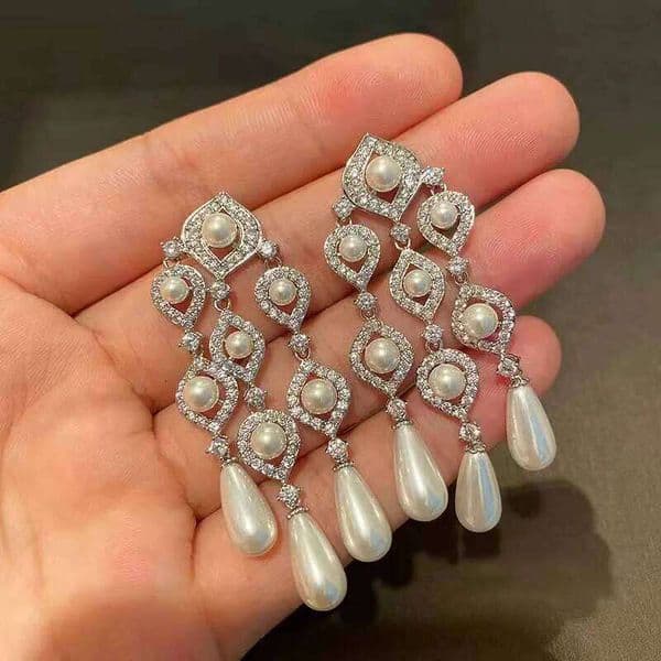 Retro exaggerated tassel pearl earrings for women Sparkling hollow out waterdrop bridal dress diamonds earring wedding jewelry