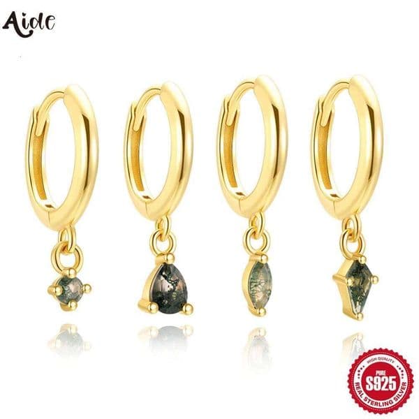 Aide Natural Moss Green Agate For Women Vintage Gemstone Pendant Earring 925 Sterling Silver Huggies Earrings Jewelry