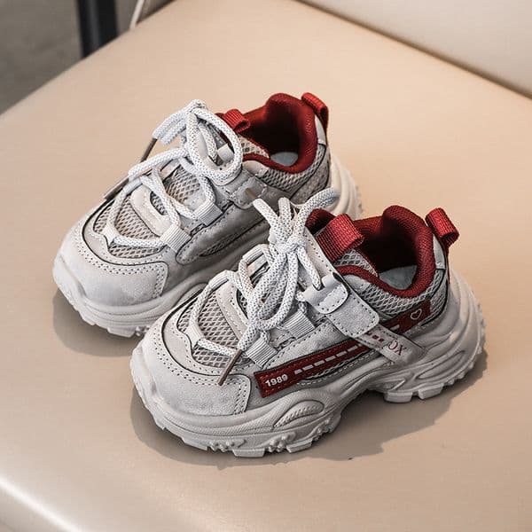 Kids Chunky Trainers Grey Red Unisex Children's Fashion Sneakers Breathable Mesh Upper Non-Slip Sole Toddler Walking Shoes Trendy Kids Shoes for Outdoor Party