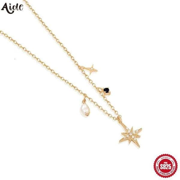 Aide 925 Sterling Silver Unique Safety Pin Brooch Charm Necklace For Women Colored Zircon Moon Star Pendant Choker Party Jewelry